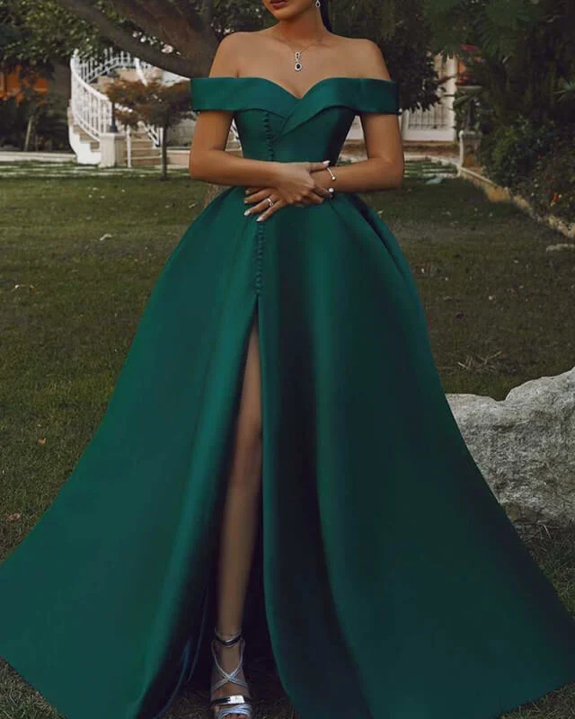 Dark Green Off The Shoulder Slit Satin Dress