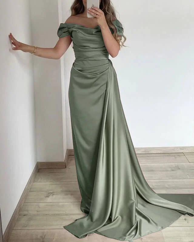 Mermaid Cowl Neck Off Shoulder Satin Dress