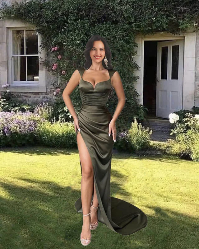 Mermaid Olive Green Satin Split Gown