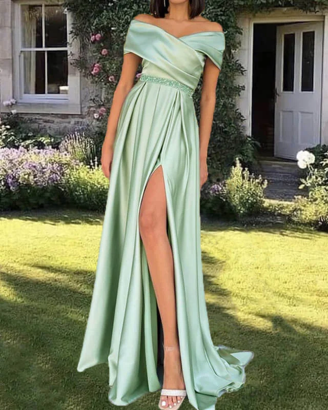 A-line Off Shoulder Satin Slit Dress