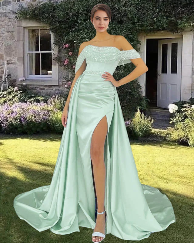 Mermaid Beaded Off Shoulder Satin Gown