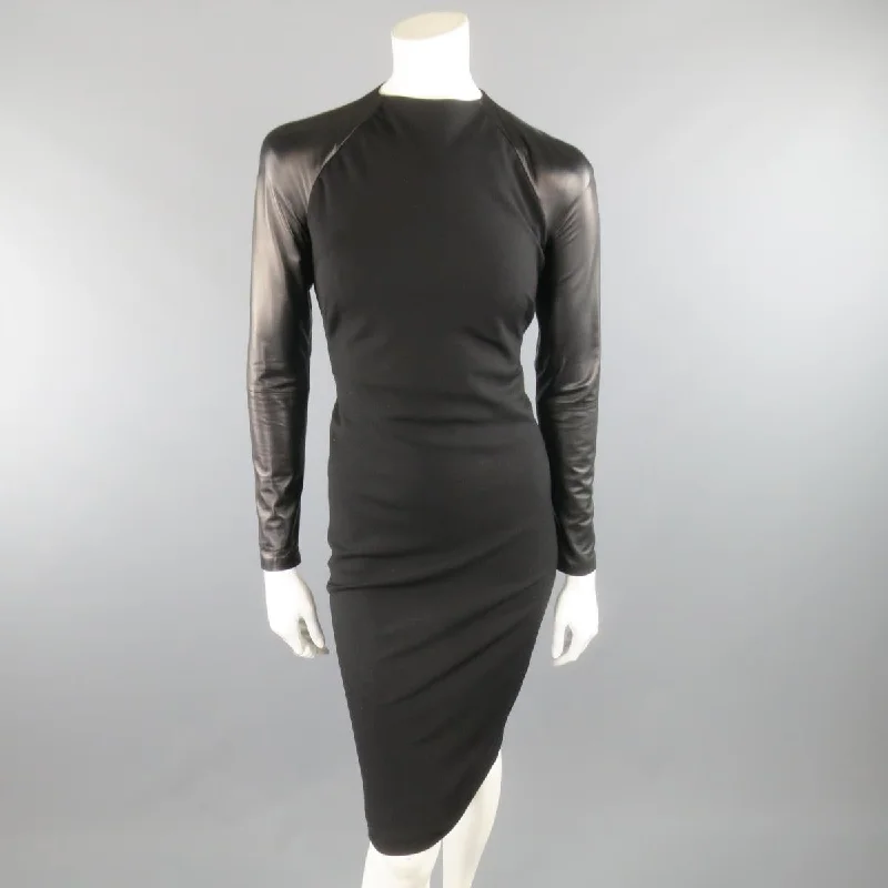 RALPH LAUREN COLLECTION Megan Fall 2012 Size US 4 Black Wool Leather Sleeve Dress