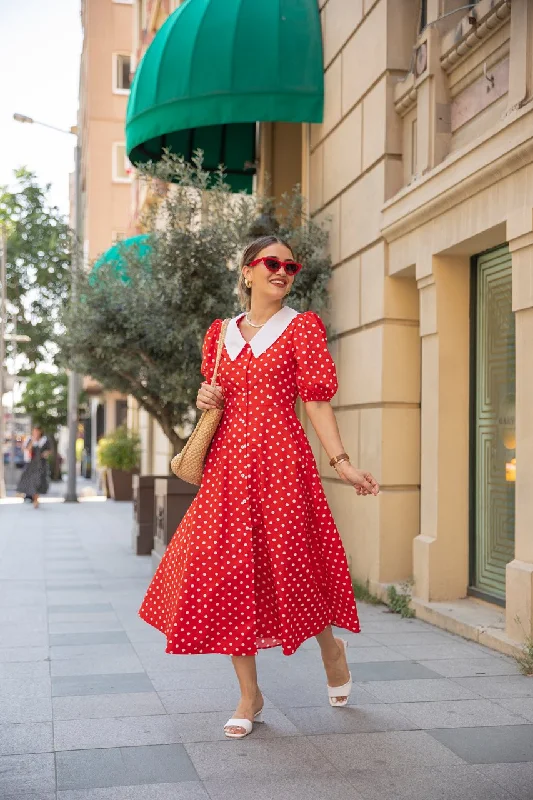 Red Baby Collar Polka Dot Dress