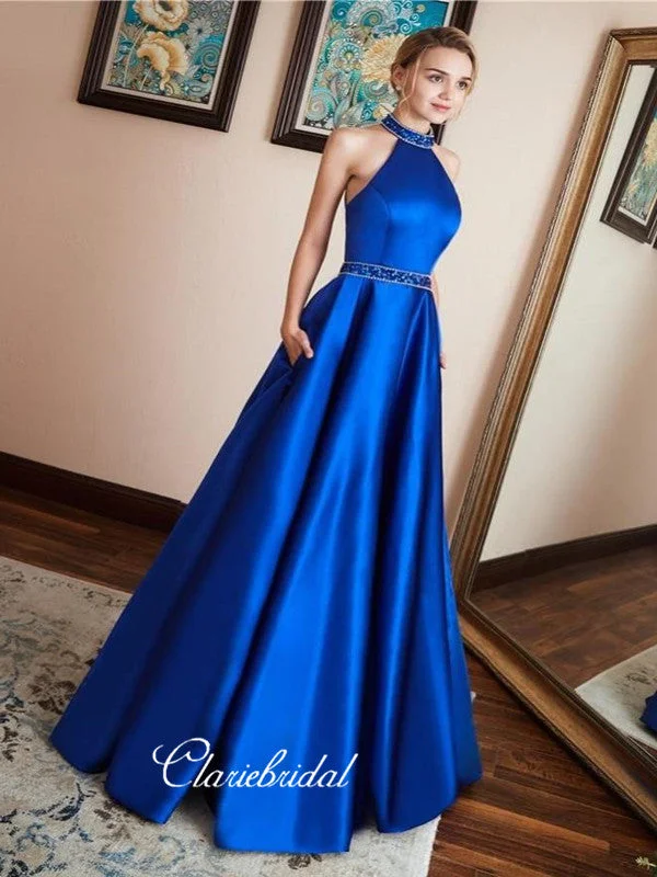 Satin Royal Blue Prom Dress,Beaded Halter Neckline Prom Dresses, Fashion Prom Dresses