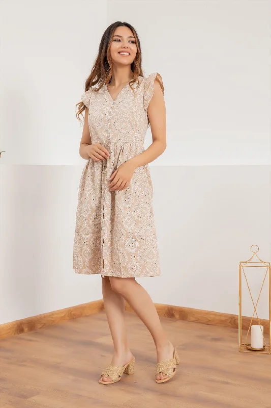 Scalloped Ruffle Sleeve Dress - Beige