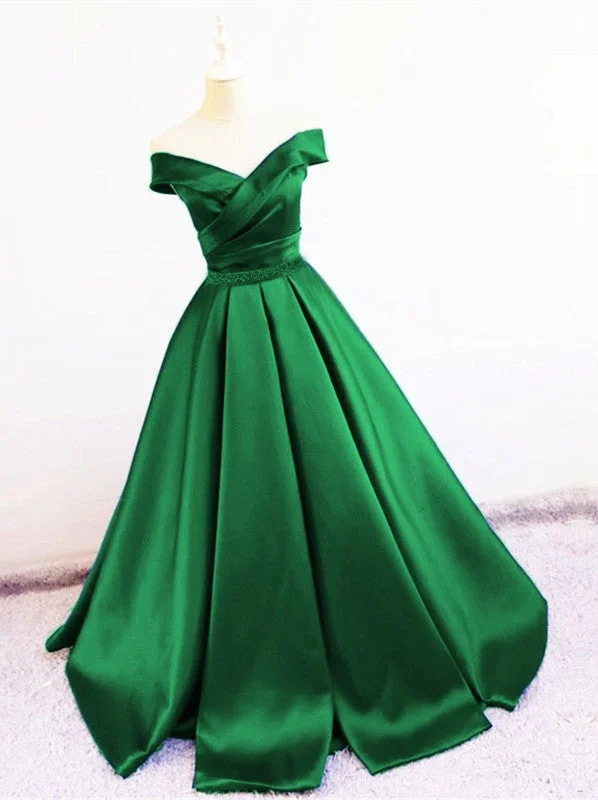 Sexy V Neck Off The Shoulder Satin Ball Gown Prom Dress Beaded Sashes