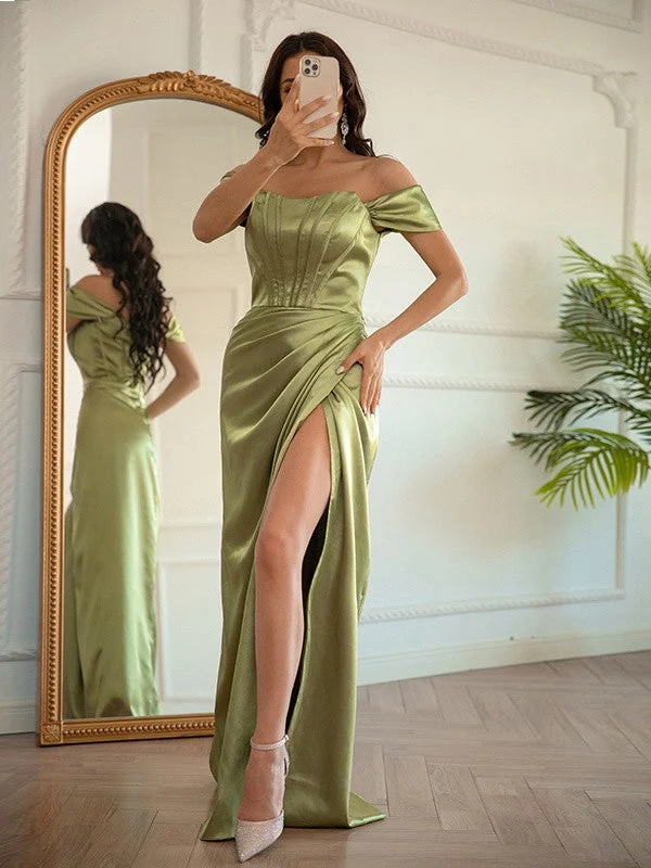 Sheath/Column  Woven Satin Ruched Off-the-Shoulder Sleeveless Floor-Length Dresses