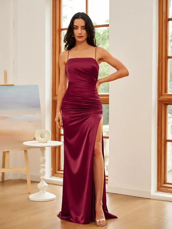 Sheath/Column Silk like Satin Ruched Spaghetti Straps Sleeveless Sweep/Brush Train Dresses