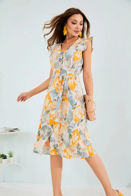 Shoulder Ruffle Buttoned Dress