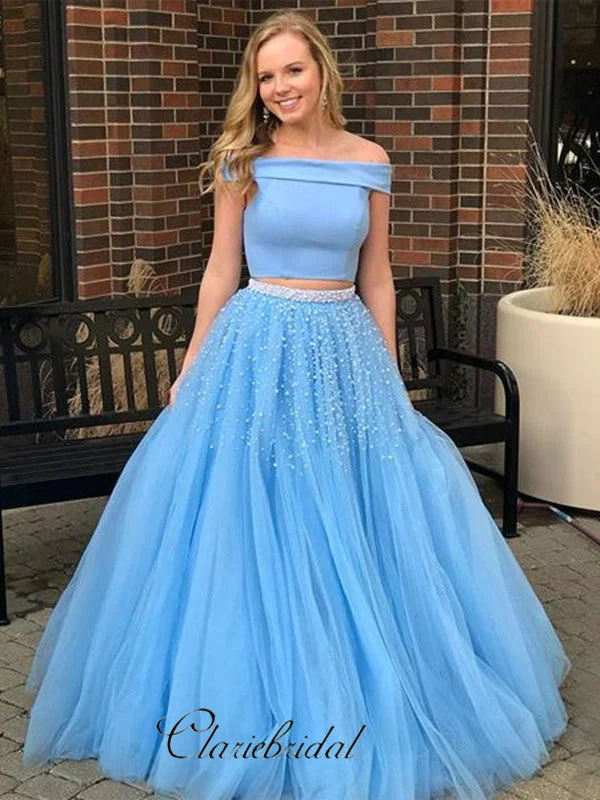 Sky Blue Fashion Off Shoulder Prom Dresses, 2 Pieces Beaded A-line Prom Dresses