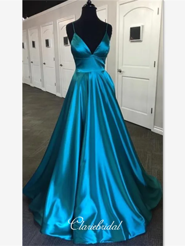 Spaghetti Strap V-neck Sexy Prom Dresses, A-line Cheap Prom Dresses