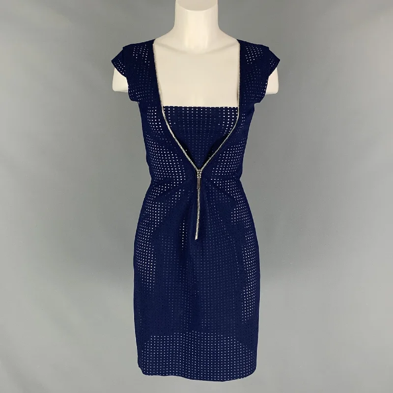 SUGGEST Size S Navy Nylon & Elastane Perforated Cap Sleeves Dress