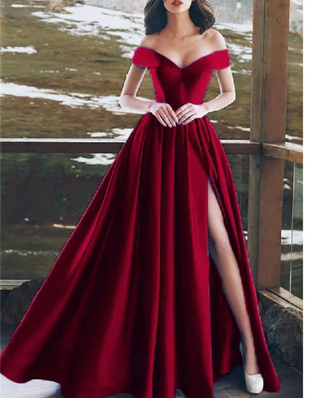 Burgundy Long Split Evening Gowns 2022 Off the Shoulder Formal Party Gowns PI654