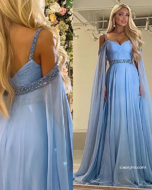 Cap Long Sleeves  Arabic Style Sky Blue Long Chiffon Evening Formal Prom Gowns with Beading Belt