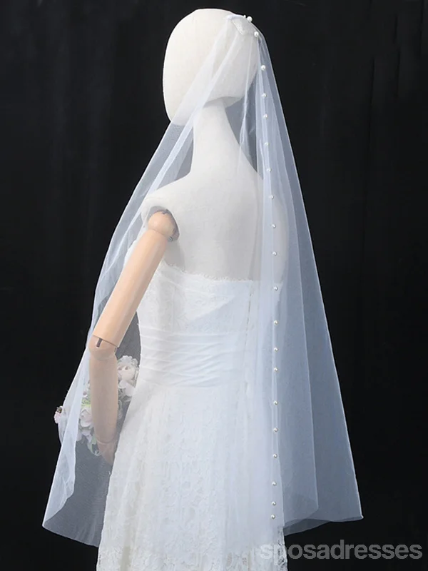 Elegant Simple Floral Pearls Long Bridal Veil, V64