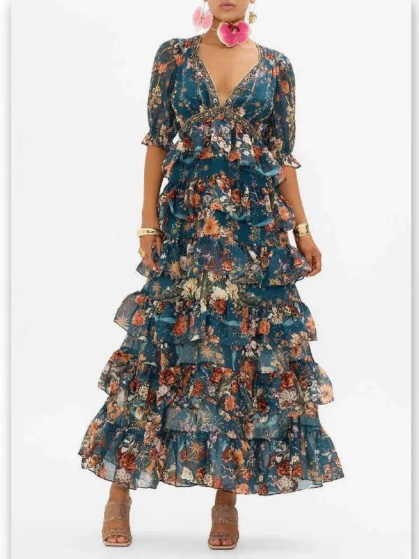 Floral Garden-Print Puff Sleeve Tiered Skirt Long Dress