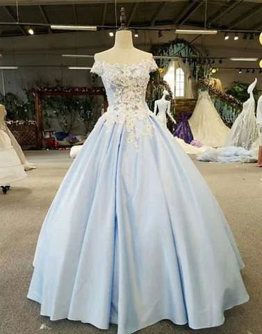 off shoulder light blue A-line long ball gown, PD8371