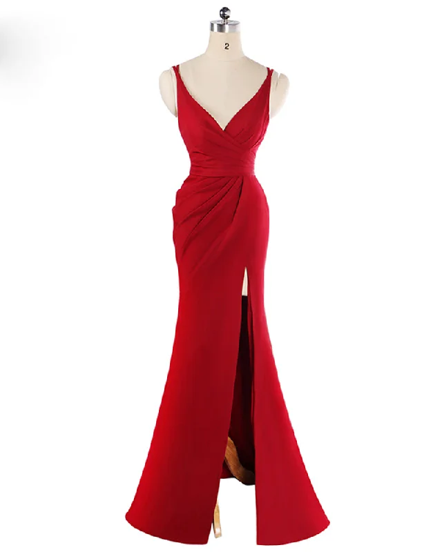 Red Spaghetti Straps Fitted Evening Party Gown with Sexy Split Long Formal Gown