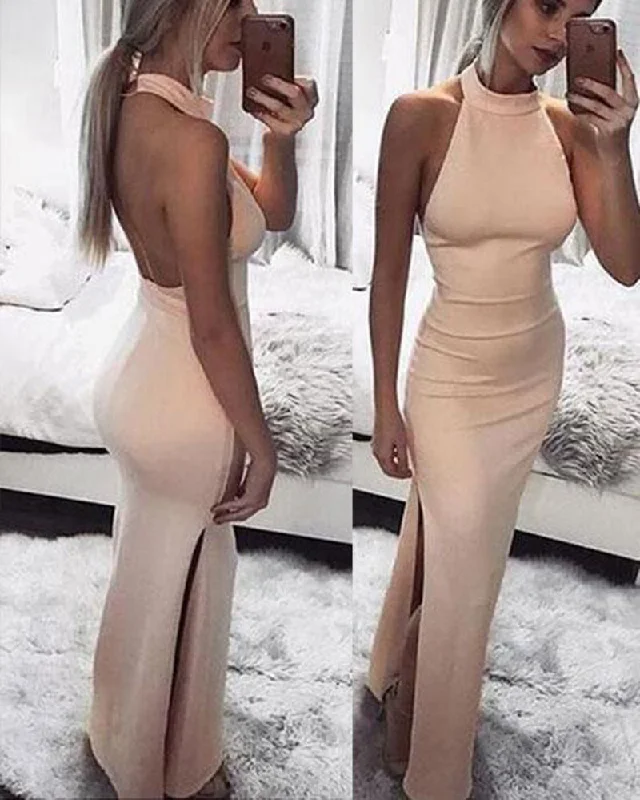 Satin Mermaid Halter Blush Pink Long Evening Gown PL116