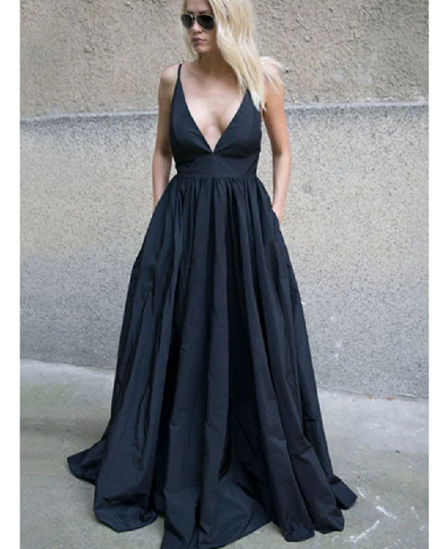 Sexy Deep V neck Dark Navy Formal  Party Long Evening Gown