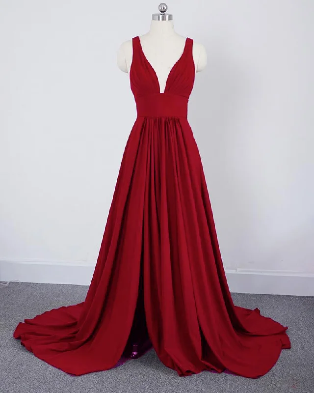 Slit Leg Long Red Party Gown Evening Deep V Neck LP641