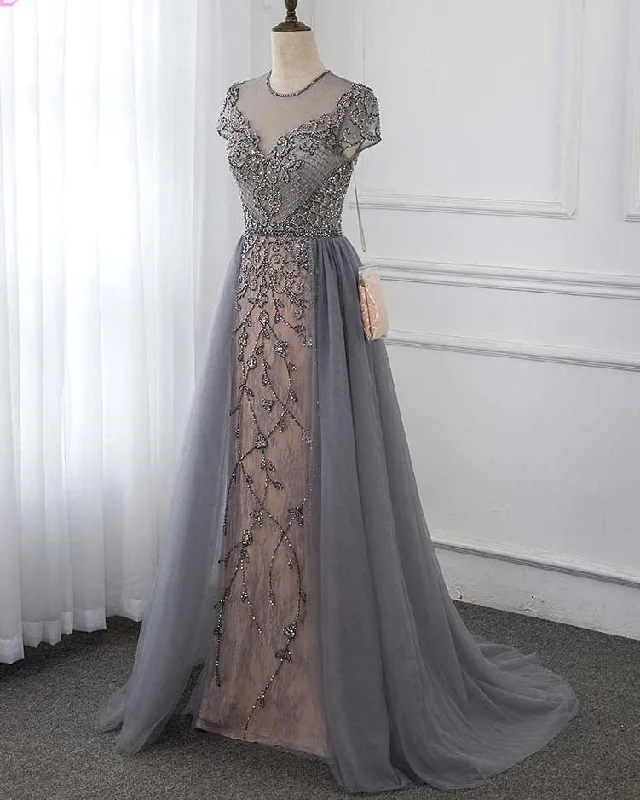 PL4441 Stunning Gray Beaded Stones Cap Sleeve Long Prom Evening Gown  Formal outfit