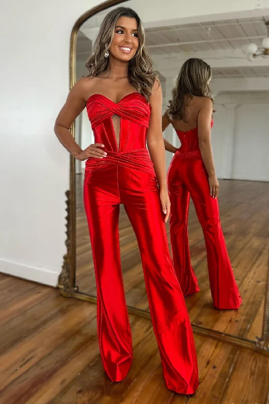 Stylish Red Sweetheart Zipper Back Long Satin Prom Jumpsuit