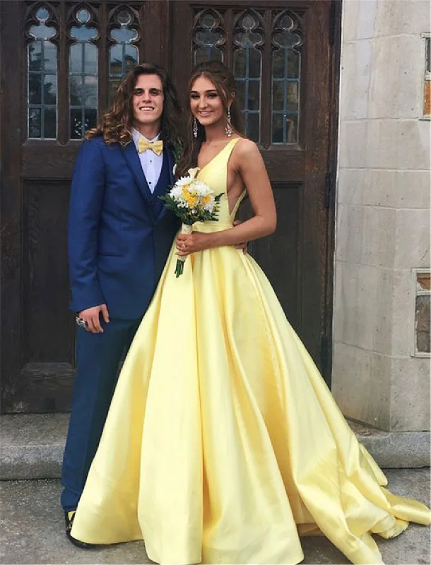 Yellow Long Satin Deep V Neck A Line Girls Formal Prom Gowns 2022 PL03311