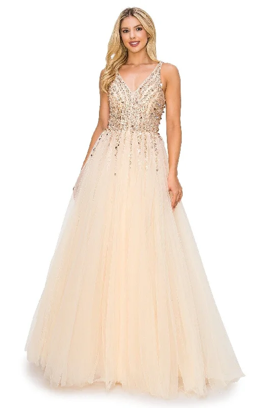 Beaded Long V-Neck Tulle Dress by Cinderella Couture 8034J