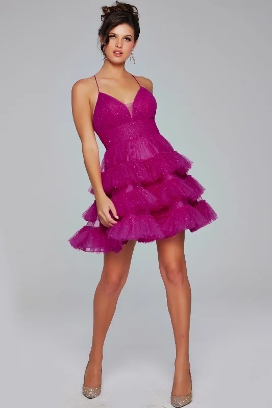 Glitter Tulle Short V-Neck Ruffled Dress by Jovani 39655