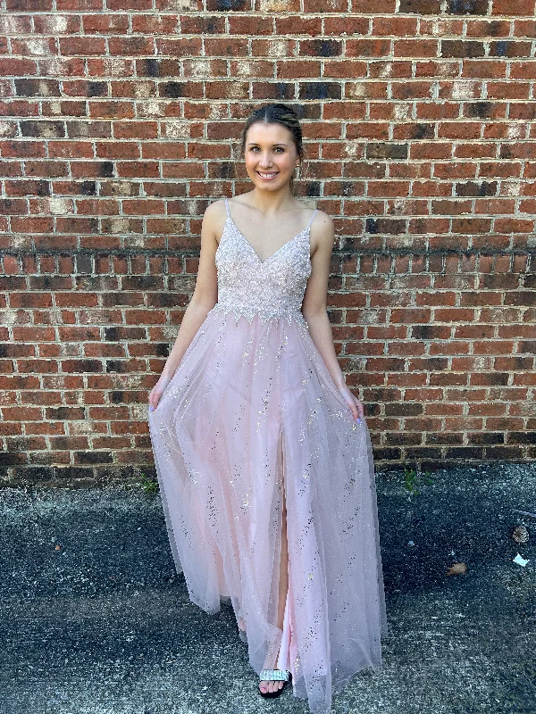 J'Adore 18018 Pink Sparkle Tulle A-Line Dress with Slit