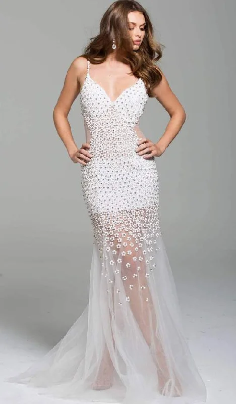 Jovani 60695SC - Plunging V-neck Beaded Tulle Trumpet Dress