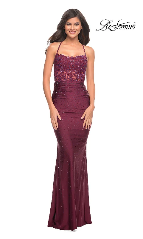 Sheer-Lace-Bodice Long Beaded La Femme Prom Dress