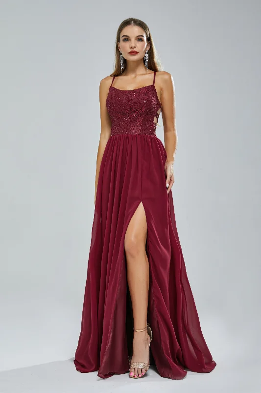 A-line Spaghetti strap Lace Sequined Floor-length Sleeveless Backless High Split Elegant Prom Dress