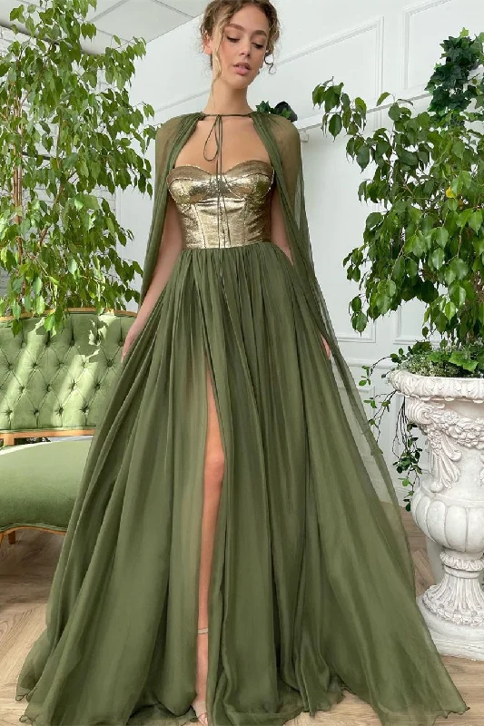 A-line Strapless Sweetheart Tulle Sequined Floor-length Sleeveless High Split Prom Dress