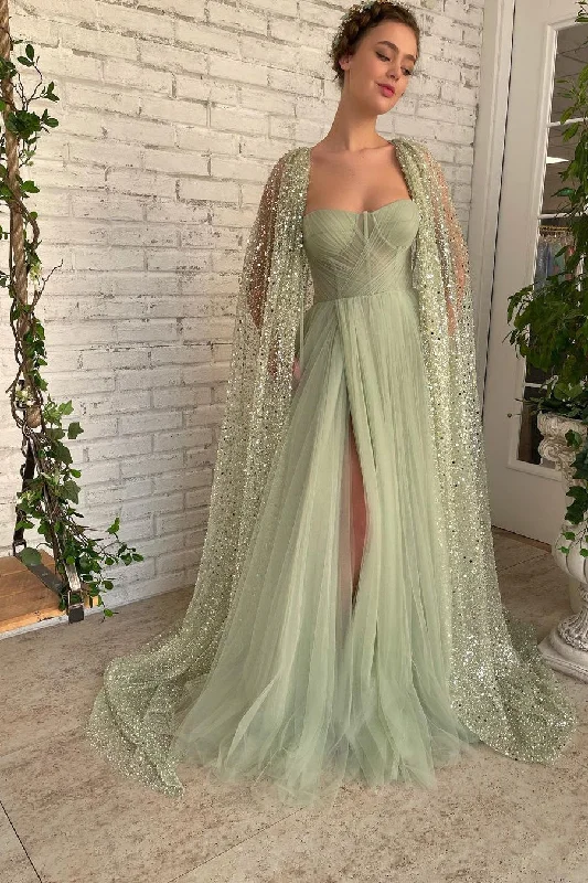 A-line Sweetheart High Split Shawl Sequined Floor-length Elegant Prom Dress