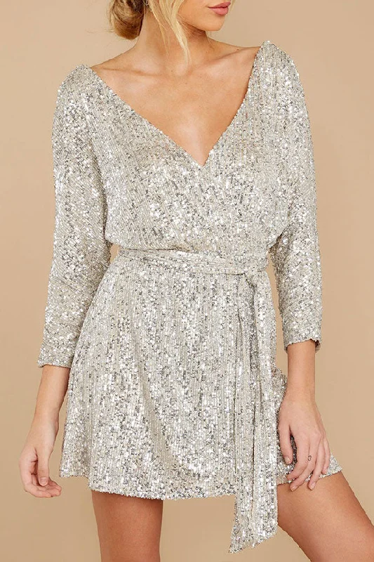 Double V-neck Tie Front Sequins Dress