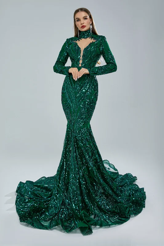 Mermaid High Neck Lace Sequined Floor-length Long Sleeve Elegant Prom Dress