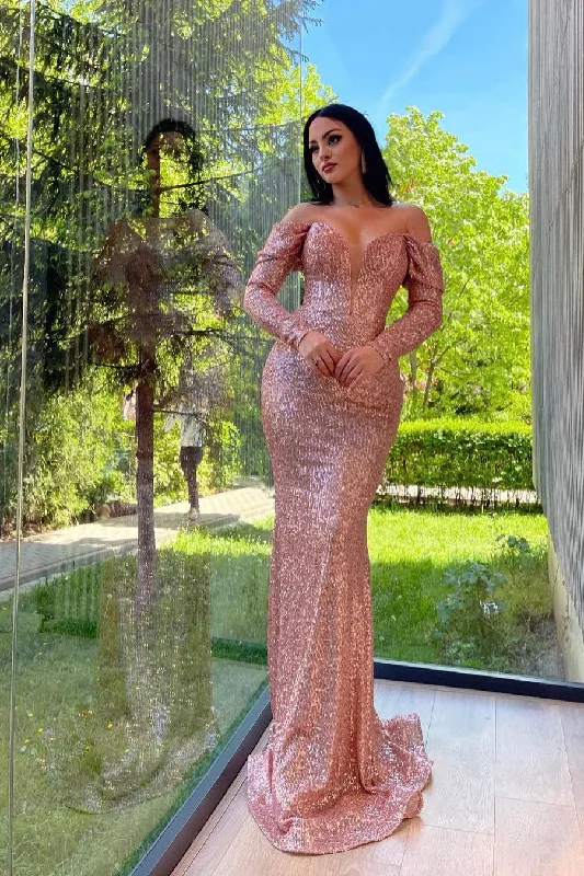 Mermaid Sweetheart Strapless Sequined Floor-length Long Sleeve Elegant Prom Dress