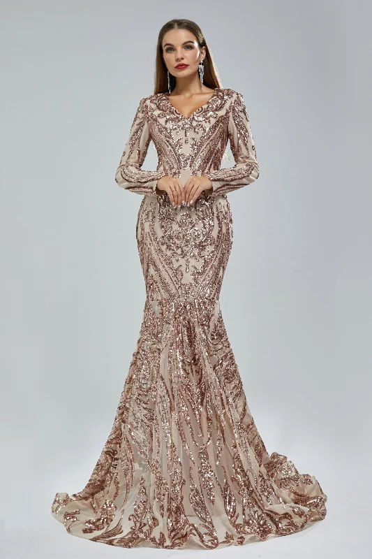 Mermaid V-neck Lace Sequined Floor-length Long Sleeve Elegant Prom Dress