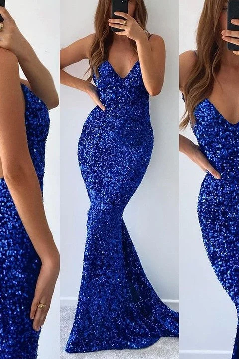 Mermaid V-neck Spaghetti Strap Sequined Floor-length Sleeveless Prom Dress