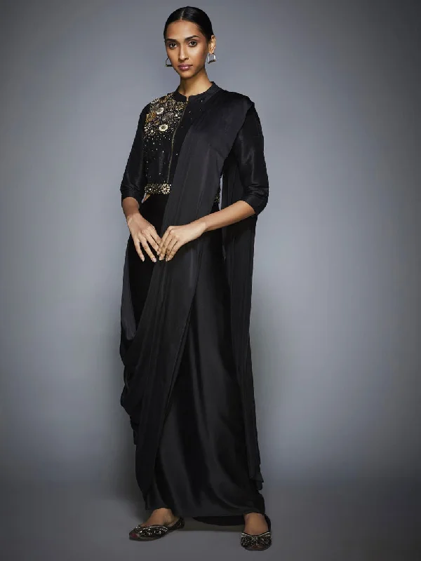 RI Ritu Kumar Black Sequin Pre-Draped Saree With Stitched Blouse