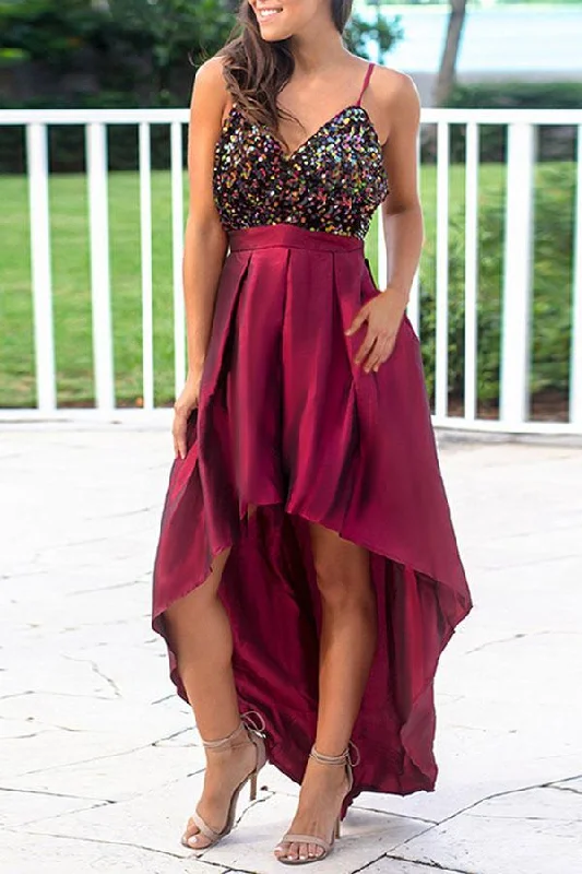 Sequin Panel High Low Satin Prom Dress