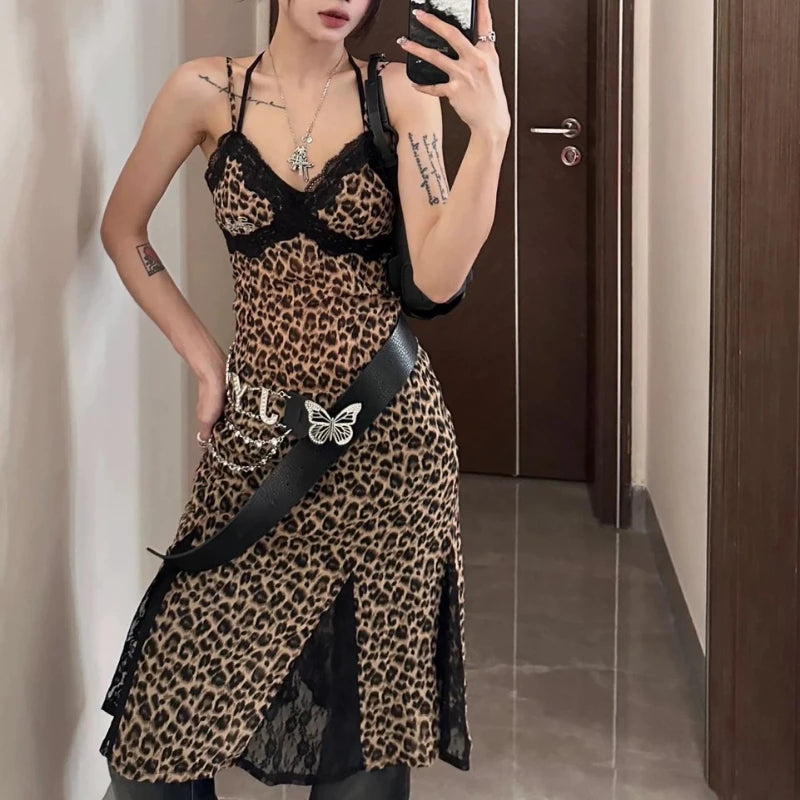 Girlary Leopard Print Sexy Dresses Woman Vintage Japanese 2000s Style Y2k Bodycon Short Dress Sleeveless Lace One-piece Dress