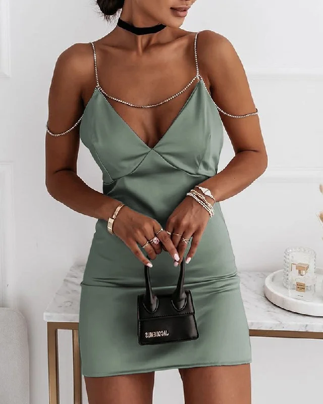 Chain Link V-Neck Satin Bodycon Dress