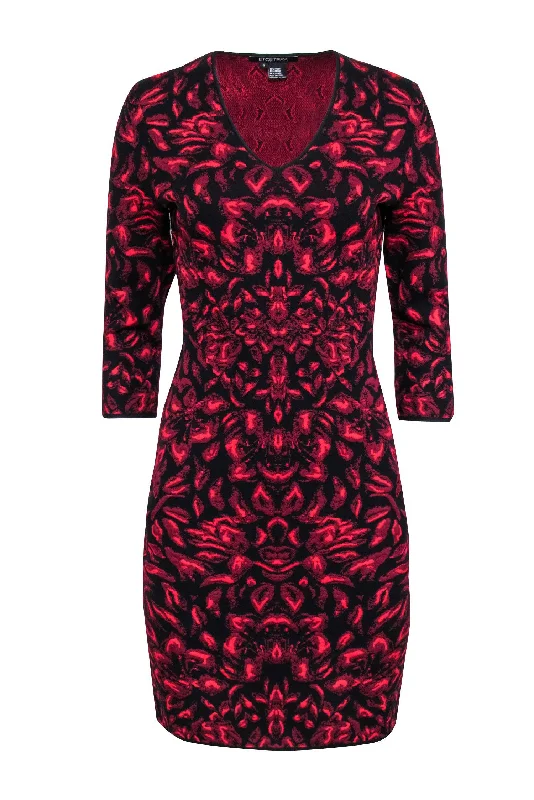 Etcetera - Red & Black Floral Patterned Knit Bodycon Dress Sz S