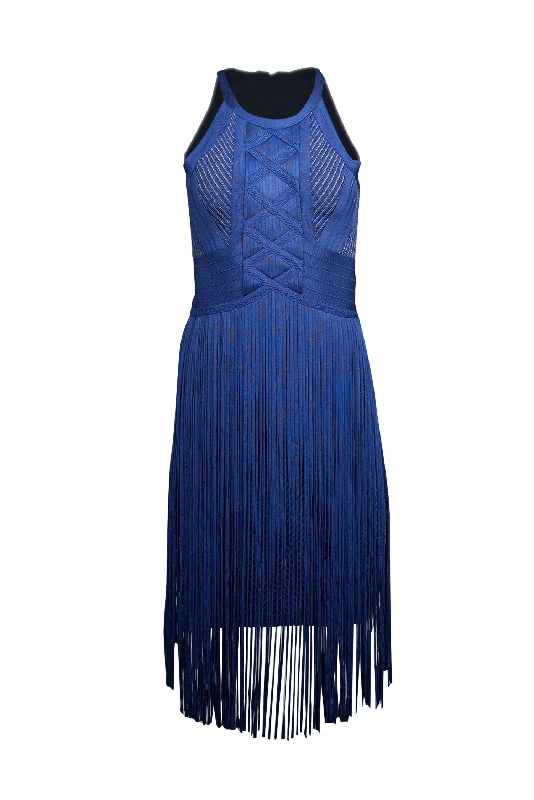 Herve Leger - Blue Chevron Knit Bodycon Dress w/ Fringe Trim Sz M