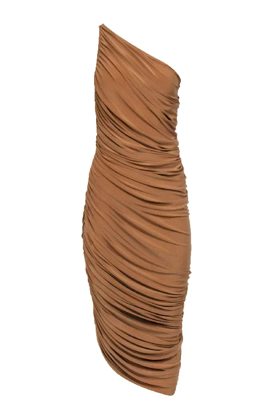 Norma Kamali - Tan One-Shoulder Draped Bodycon Gown Sz S