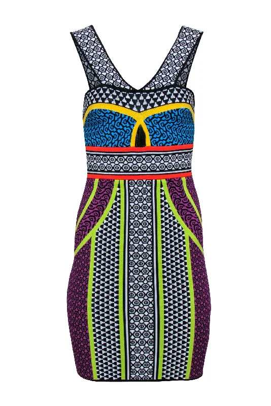 BCBG Max Azria - Black & Multi Color Print Bodycon Dress Sz S