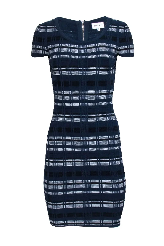 Milly - Navy & White Textured Plaid Knit Bodycon Dress Sz S